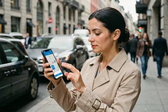 Femme utilisant une application mobile de stationnement en ville sur un trottoir animé