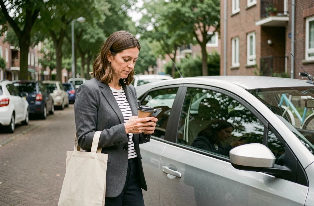 Une femme adulte attendant son covoiturage devant une voiture garée dans une rue résidentielle urbaine