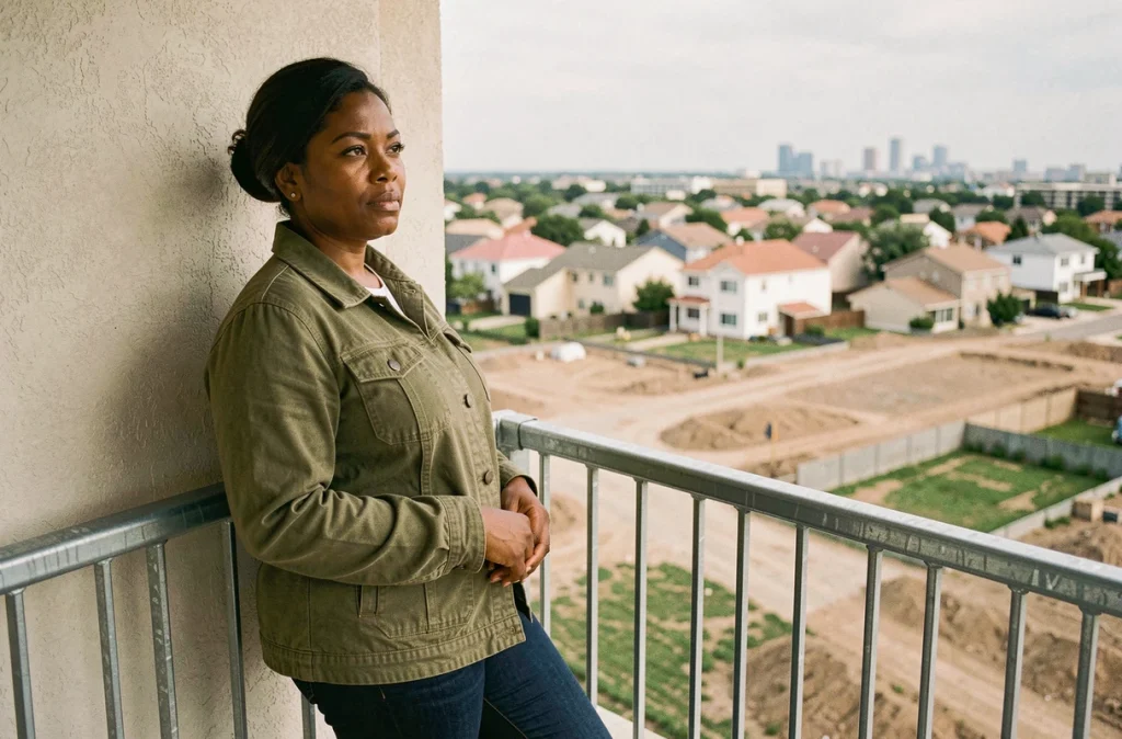 Une femme observe depuis son balcon le paysage en mutation d'un quartier périphérique en pleine urbanisation, entre anciennes maisons et nouveaux chantiers