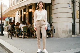 Femme élégante en baskets blanches et tenue beige dans une rue parisienne ensoleillée