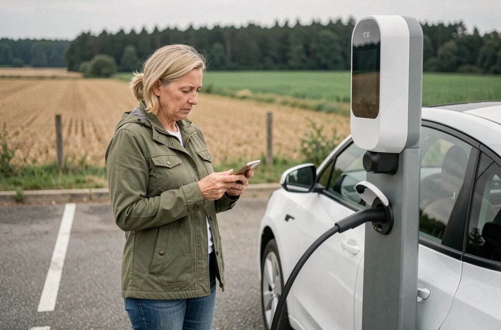 Femme consultant son téléphone près d'une borne de recharge électrique dans un parking rural en France
