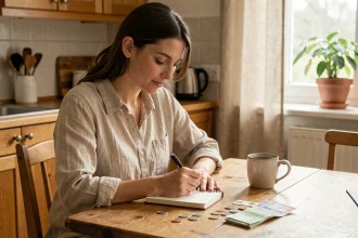 Femme écrivant un budget mensuel dans un carnet avec des pièces et billets en euros sur une table en bois dans une cuisine moderne