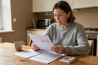 Femme consultant un livret d'épargne et des relevés bancaires à une table de cuisine, comparant des produits d'épargne comme le livret A et le LDDS