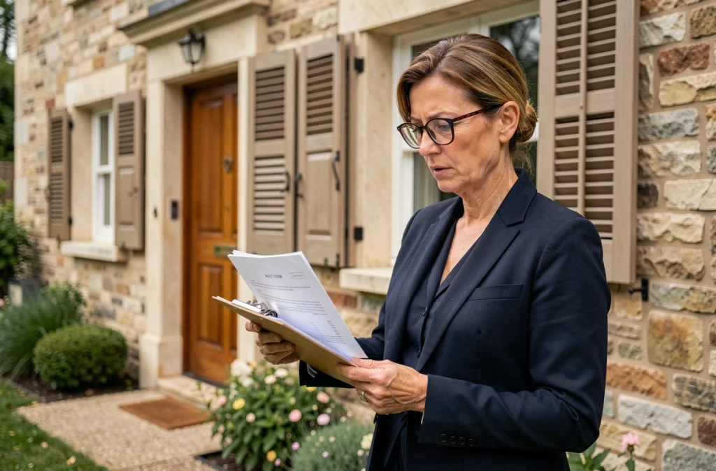 Femme professionnelle consultant des documents d'enchères devant une maison en pierre à vendre