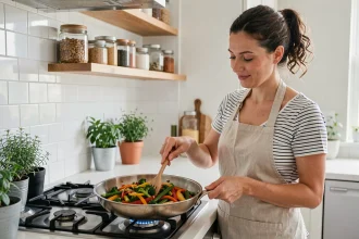 Femme préparant un sauté de légumes colorés dans une cuisine familiale moderne pour un repas équilibré