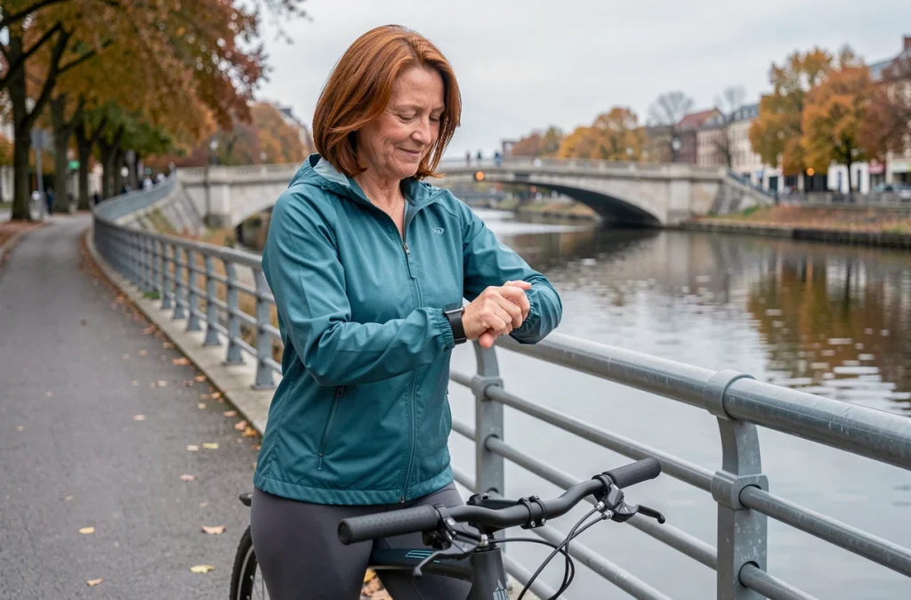 Femme cycliste consultant sa montre connectée sur un chemin au bord de la rivière en ville, illustrant le suivi de la santé cardiaque grâce au vélo urbain