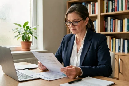 Femme d'une quarantaine d'années étudiant des documents d'assurance vie dans un bureau à domicile moderne