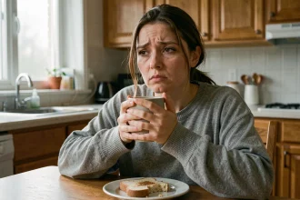 Femme fatiguée le matin tenant une tasse de café, les yeux cernés, illustrant les effets du manque de sommeil sur le moral