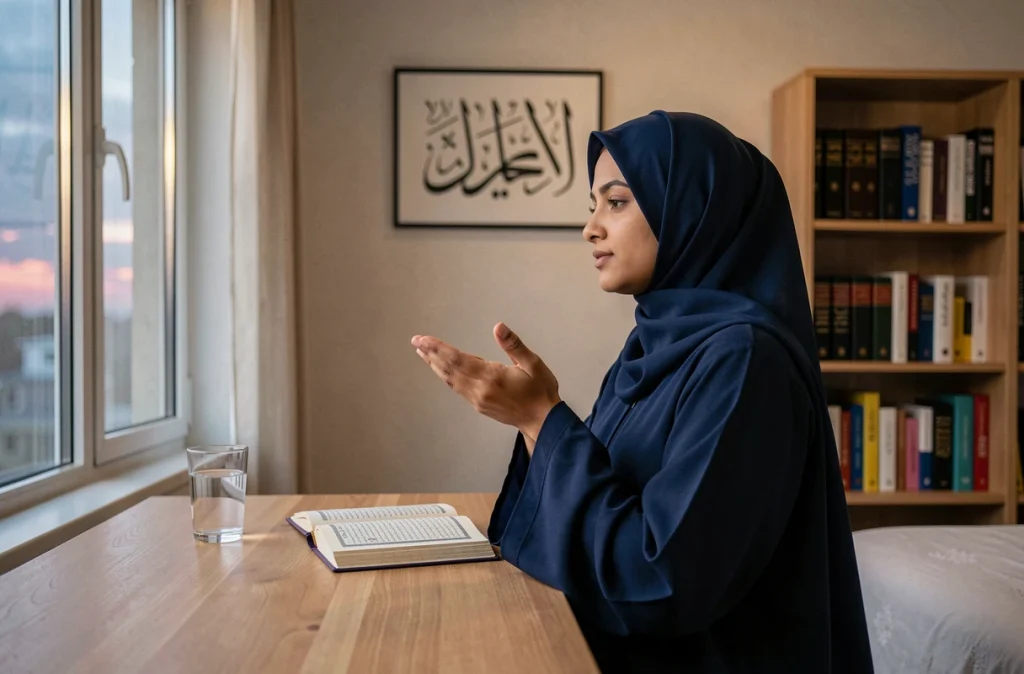 Jeune femme en abaya récitant les invocations du soir tirées des versets Al-Baqara dans sa chambre