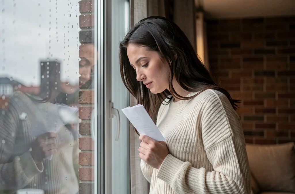 Femme tenant une lettre d'amour près de son cœur devant une fenêtre pluvieuse avec une expression émouvante