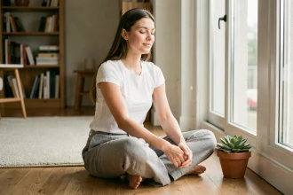 Femme pratiquant la méditation assise en tailleur sur un plancher en bois dans un intérieur minimaliste apaisant