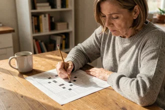 Femme concentrée résolvant des mots croisés avec un crayon sur une grille imprimée, tasse de café posée sur une table en bois