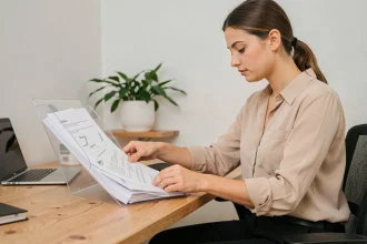 Jeune femme organisant son dossier de location avec des documents imprimés sur un bureau en bois