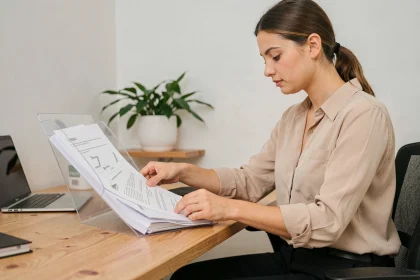 Jeune femme organisant son dossier de location avec des documents imprimés sur un bureau en bois