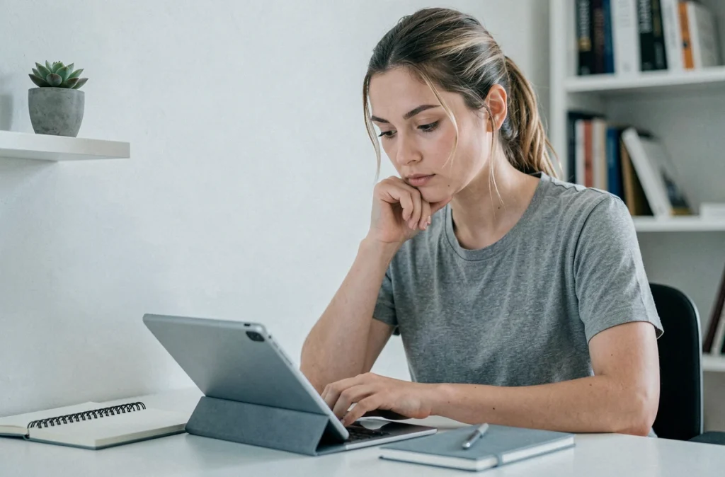 Jeune femme lisant des informations sur une tablette avant d'ouvrir un compte bancaire joint