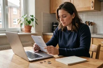 Femme consultant ses relevés bancaires sur un ordinateur portable à la table de sa cuisine pour réduire ses frais bancaires