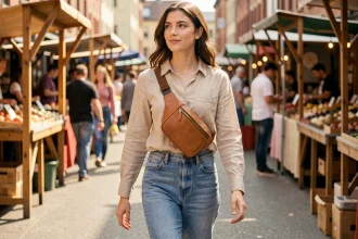 Jeune femme portant un sac banane en cuir beige en bandoulière croisée dans un marché urbain en plein air