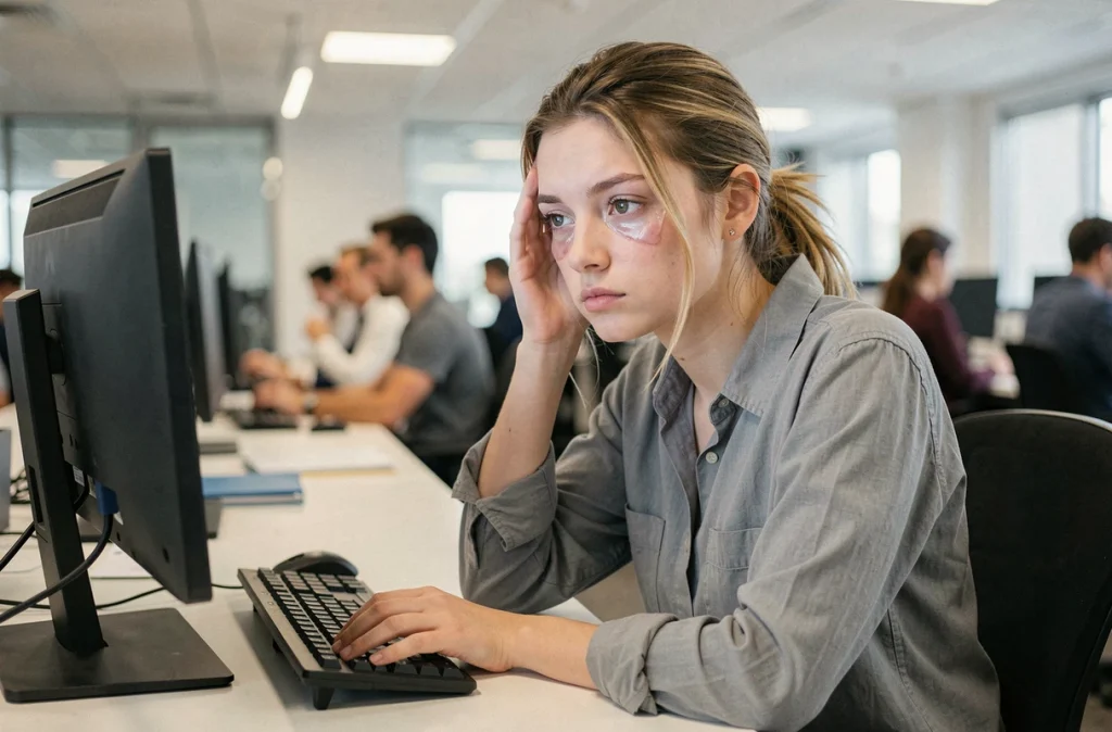 Jeune femme somnolente au bureau fixant son écran d'ordinateur, manquant de concentration à cause du manque de sommeil