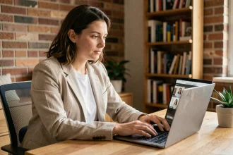Femme en télétravail dans un bureau à domicile moderne avec ordinateur portable et décor naturel