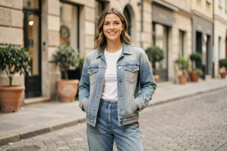 Femme portant une veste en jean classique délavée sur une tenue décontractée dans une rue pavée européenne