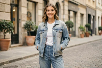 Femme portant une veste en jean classique délavée sur une tenue décontractée dans une rue pavée européenne