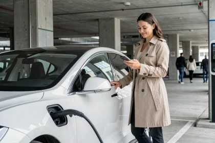 Femme souriante à côté d'une voiture électrique blanche en charge dans un parking urbain moderne
