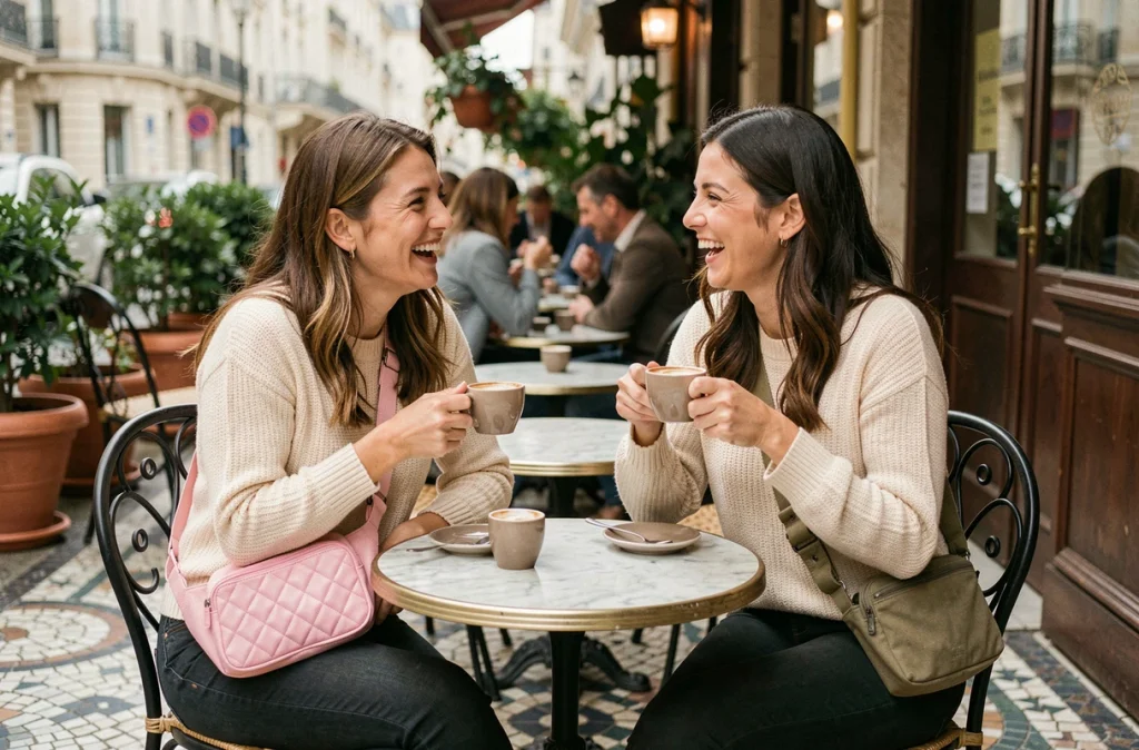 Deux femmes attablées à une terrasse de café parisien, chacune portant un sac banane de style différent