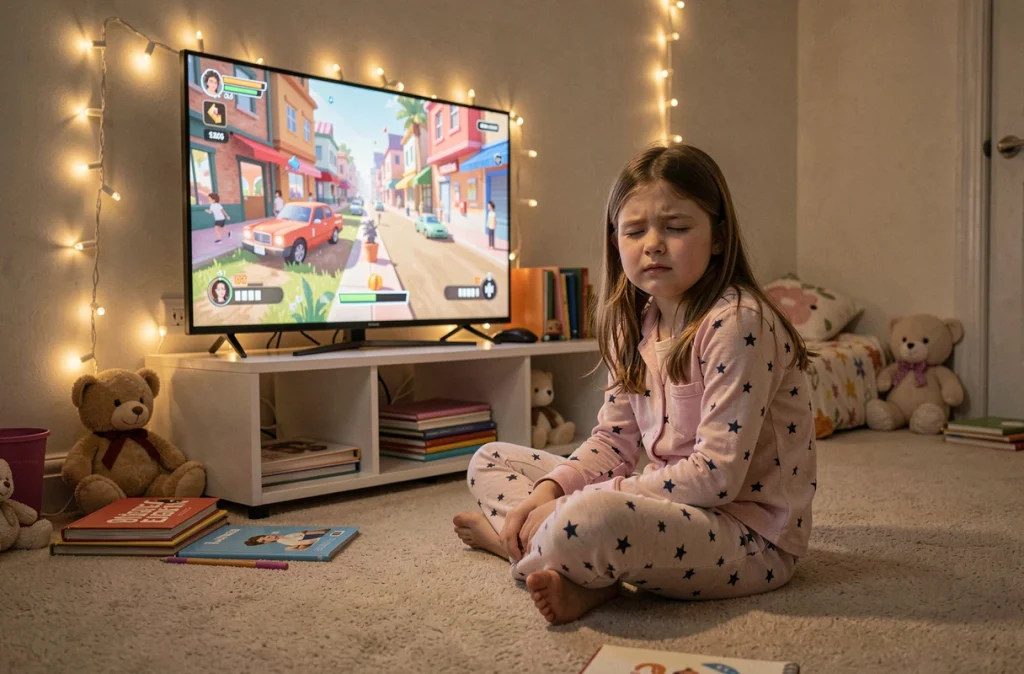 Fillette en pyjama jouant à un jeu vidéo sur ordinateur tard le soir dans sa chambre, montrant les effets néfastes des écrans sur le sommeil des enfants