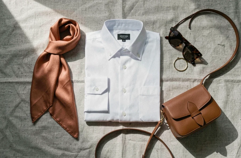 Flat lay d'une chemise blanche entourée d'accessoires tendance comme foulard en soie, lunettes écaille et sac en cuir cognac pour transformer une tenue basique