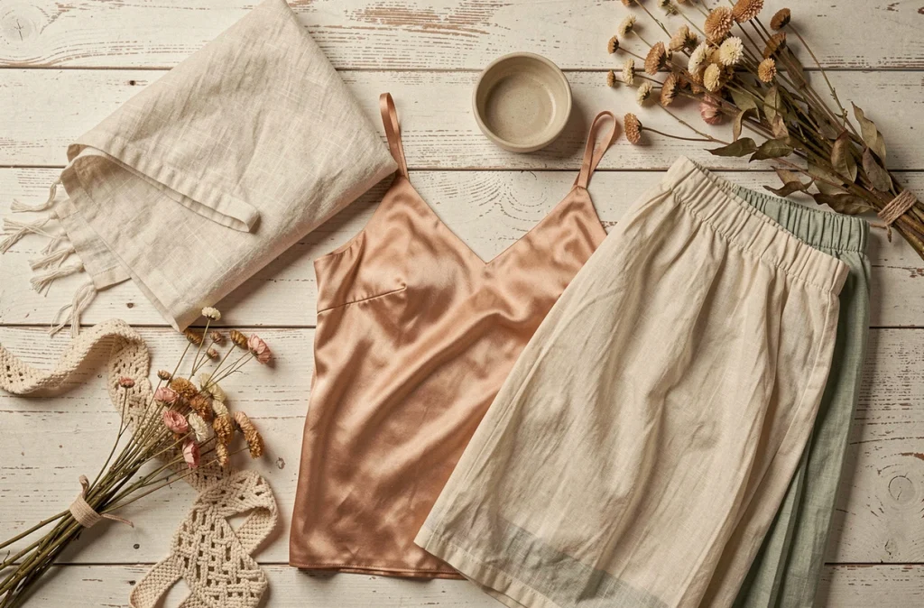 Flat-lay de matières naturelles estivales incluant lin, soie, macramé et coton voile sur bois blanchi