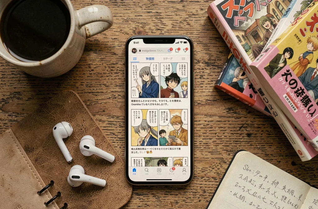 Flat lay d'un smartphone affichant des scans Demon Slayer en VF entouré de volumes manga et accessoires