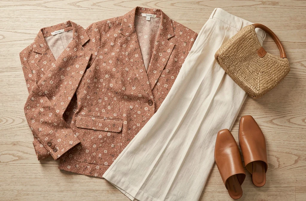Flat lay mode avec veste en lin à motifs floraux terracotta, pantalon large et accessoires de saison