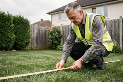 Géomètre mesurant une parcelle de terrain en are dans un jardin résidentiel avec un mètre ruban