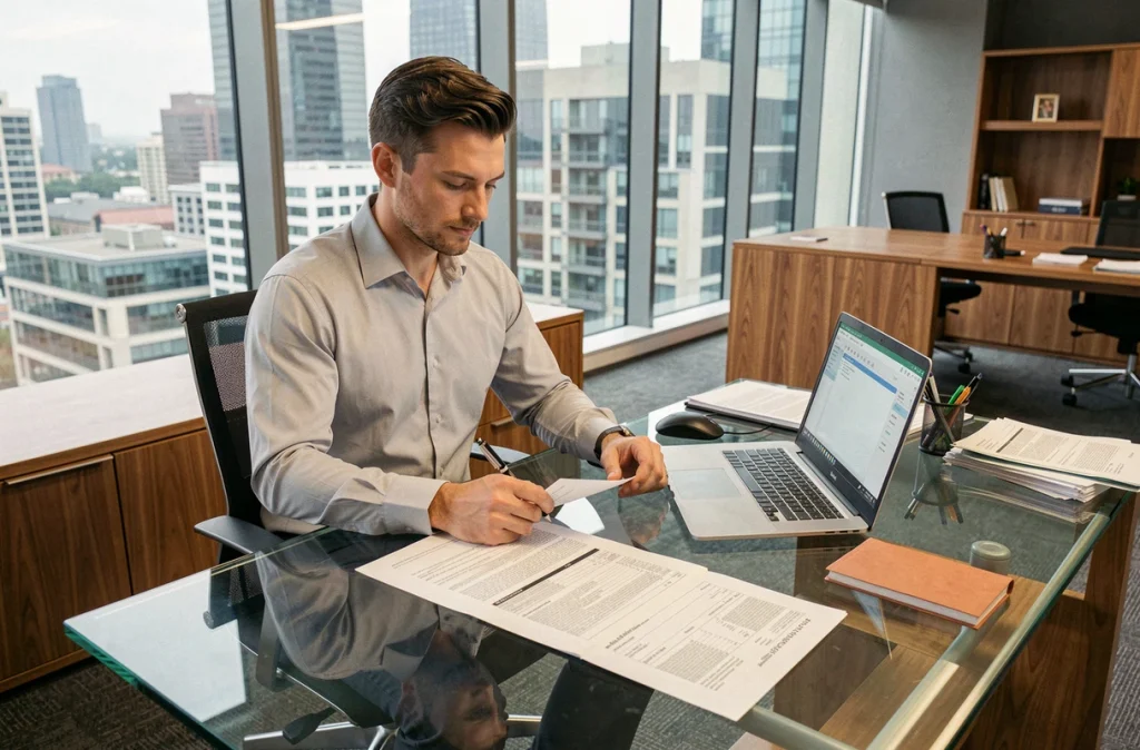 Responsable de flotte masculine analysant un contrat de location longue durée sur un bureau en verre dans un open space moderne