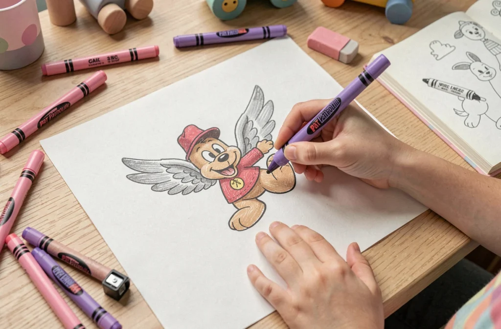 Gros plan sur les mains d'un enfant dessinant Stella la chienne volante de Pat Patrouille avec des crayons roses et violets