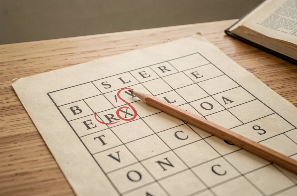 Gros plan sur une grille de mots croisés avec des lettres remplies à l'encre et une case entourée en rouge sur un bureau en bois