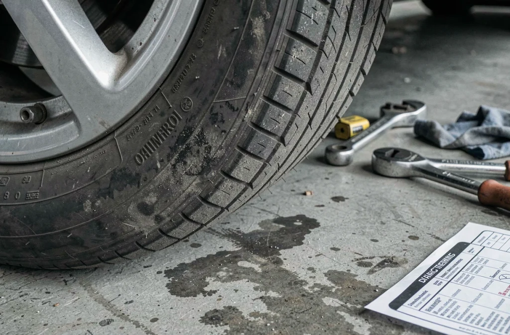 Gros plan sur un pneu de voiture avec des outils de contrôle et une fiche d'entretien sur un sol de garage