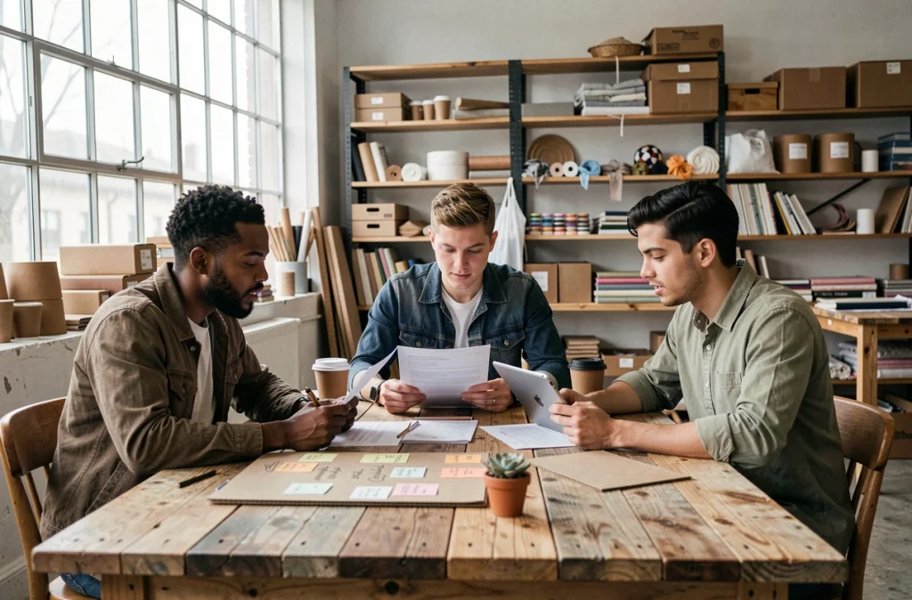 Groupe de jeunes entrepreneurs collaborant autour d'un projet solidaire dans un atelier communautaire