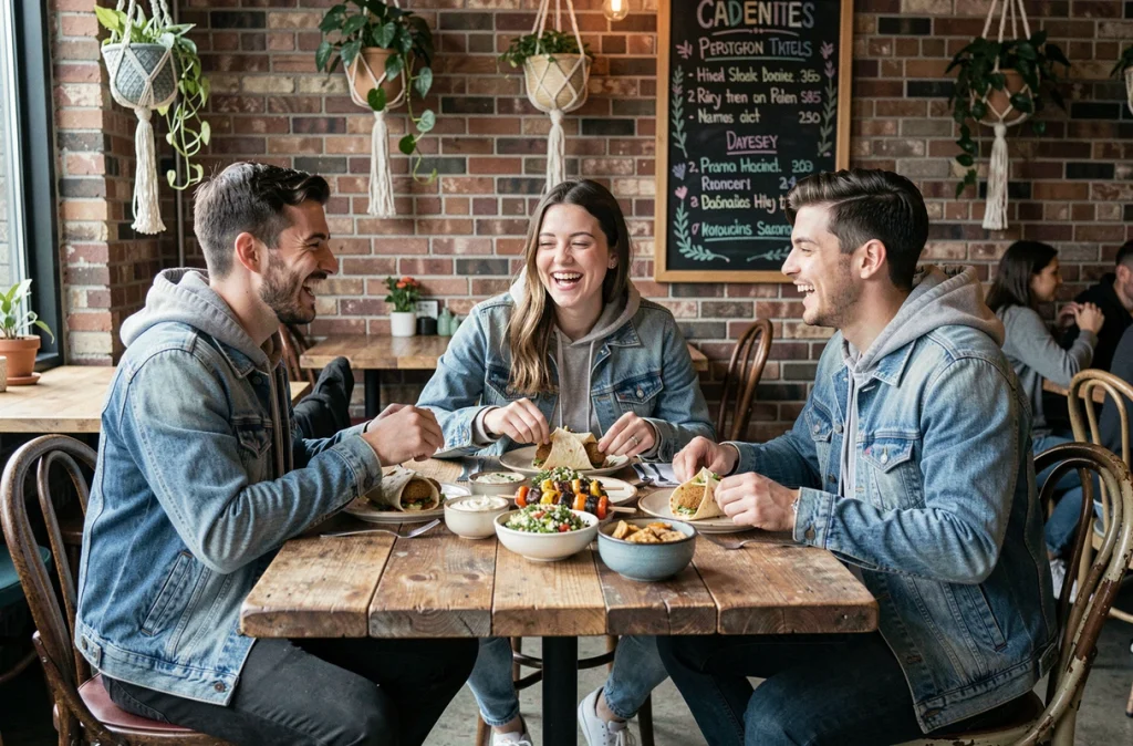 Groupe de jeunes adultes partageant un repas végétarien dans un restaurant tendance