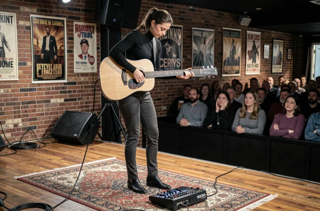 Guitariste utilisant une Boss Loop Station sur scène lors d'un concert intimiste