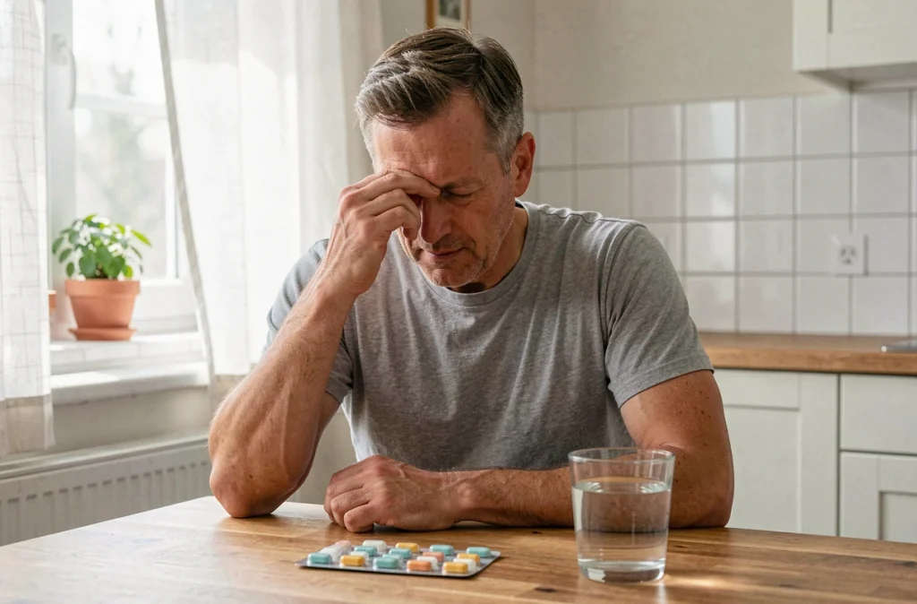 Homme d'âge moyen souffrant d'allergie printanière prenant des antihistaminiques à la table de cuisine, les yeux irrités et rouges