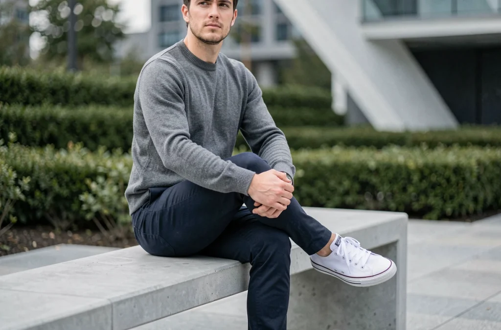 Homme en baskets blanches et chino marine assis dans un parc urbain moderne