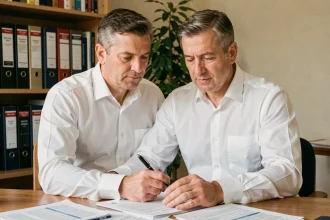 Un homme d'affaires français examinant des documents fiscaux à son bureau à domicile pour optimiser sa déclaration d'impôts