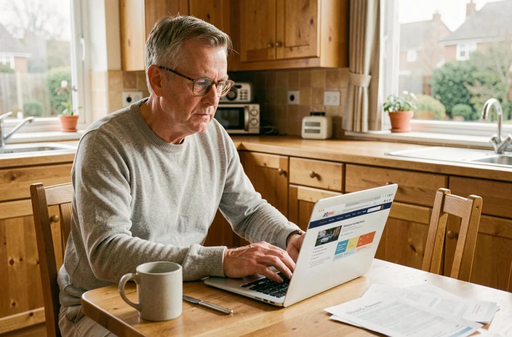Homme mature comparant des contrats d'assurance vie en ligne depuis sa cuisine