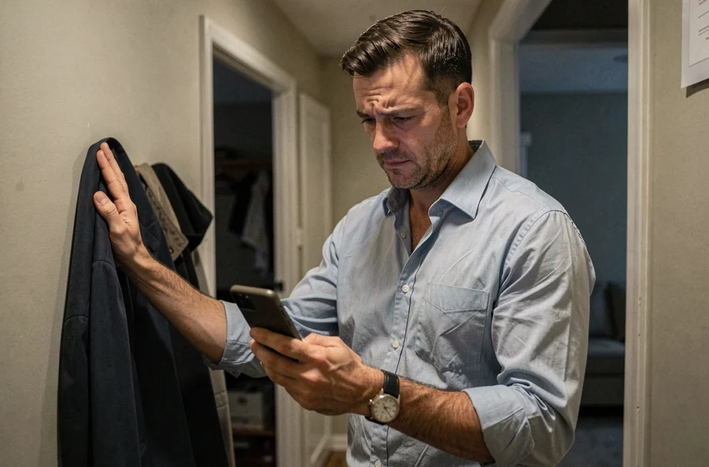 Homme dans un couloir d'appartement regardant son téléphone avec une expression troublée, atmosphère de tension émotionnelle et de secret conjugal