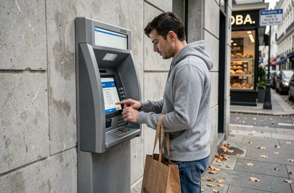 Homme vérifiant les frais de retrait à un distributeur automatique dans une rue de la ville