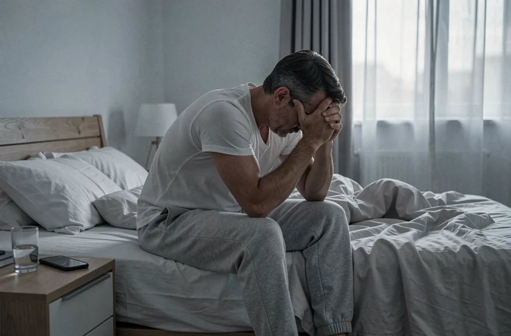 Homme épuisé assis au bord du lit le matin, tête dans les mains, représentant la déprime causée par le manque de sommeil