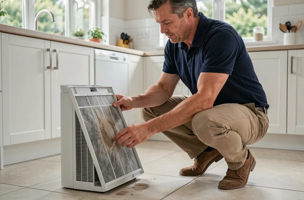 Homme changeant le filtre d'un purificateur d'air pour limiter la poussière dans la cuisine