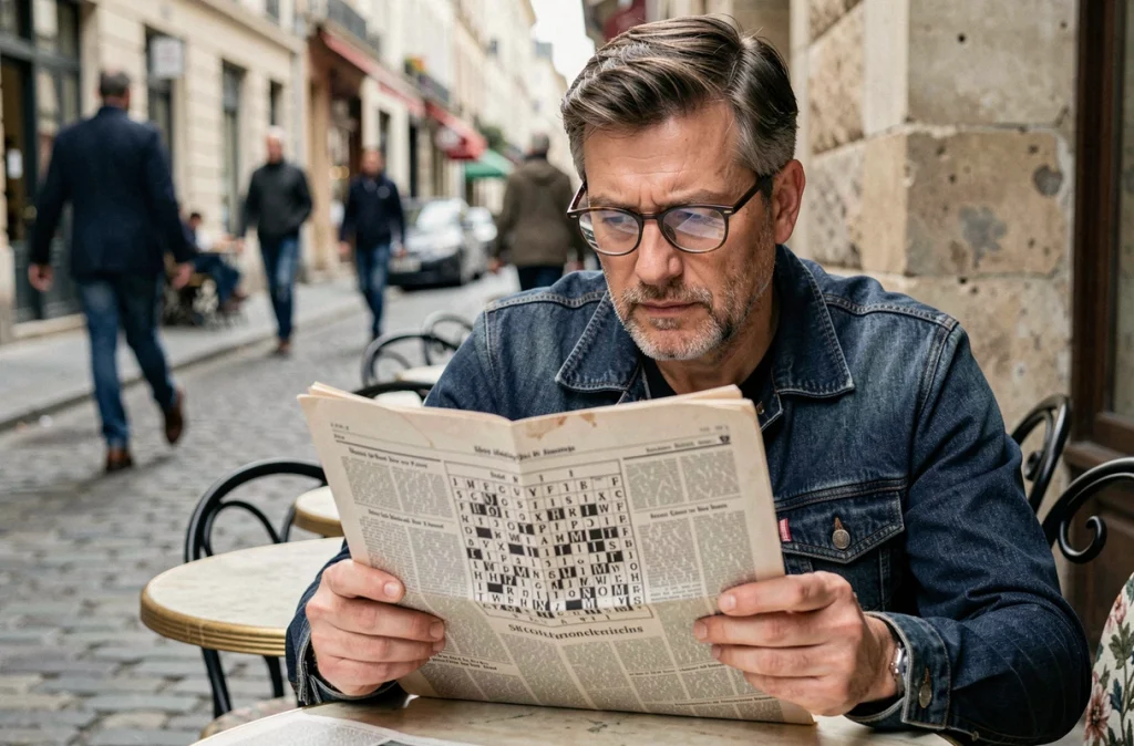 Homme portant des lunettes lisant la section mots croisés d'un journal plié en terrasse de café
