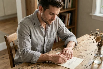 Homme assis à une table en bois écrivant une lettre de pardon avec une expression sincère et touchante